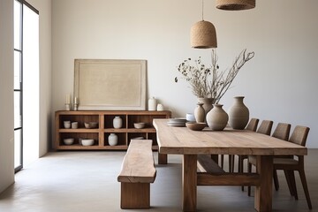 Serenely Minimalist: Mediterranean Dining Room Ideas with Solid Wood Table
