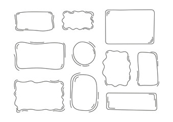 Obraz premium Set of linear frames in doodle style. Bubbles with editable strokes. Rectangle, circle and wavy borders with lines. Squiggle cloud for picture or quotation. Vector childish illustration.