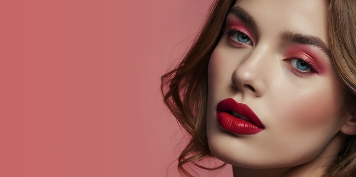 Gros plan sur le visage d'une belle femme blonde aux yeux bleus mannequin maquill&eacute;e avec du rouge &agrave; l&egrave;vres et du fard &agrave; paupi&egrave;res devant un fond rose