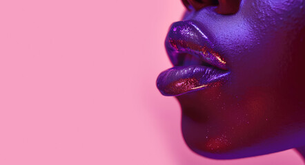Close up, macro photo of female lips with shiny purple lipstick of woman with brown skin. Concept of make-up, cosmetics, skin care, beauty center. Copy space for text, message, advertising, logo