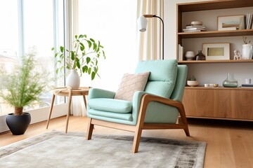 Mint Chair Living Room Decor: Cozy Rug and Wooden Furniture Vibes