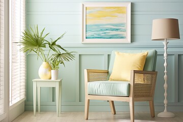 Mint Colored Coastal Chair in Sunny Room with Wall Decor