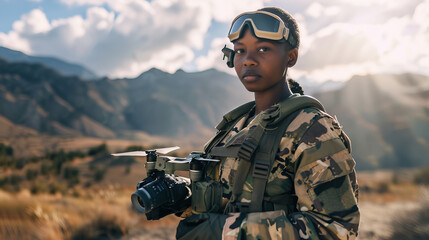 Black woman drone pilot, female soldier, wearing military army clothes with drone. Isolated natural candid shot in the mountains