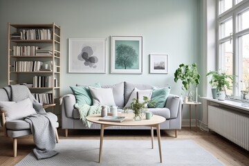 Fototapeta premium Mint Colored Chair: Scandinavian Living Room Interiors