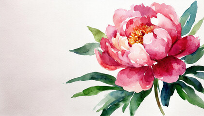 Watercolour of a peony on pure white background canvas, copyspace on a side