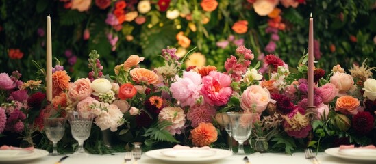 Fototapeta na wymiar A beautifully arranged table adorned with plates, candles, and flowers including pink hybrid tea roses and other assorted blooms for a stunning display of art and nature