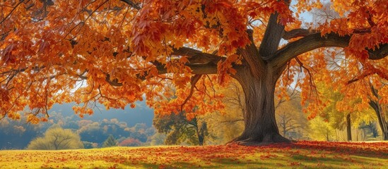 A large oak tree in full autumn foliage stands majestically in a picturesque park, showcasing its vibrant and colorful leaves.