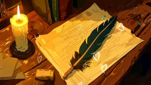 Candlelit Tales: A Sentimental Journey Writing Love Memories with a Feather Pen on Delicate Paper. Animated fantasy background, watercolor painting illustration style, seamless looping 4K video