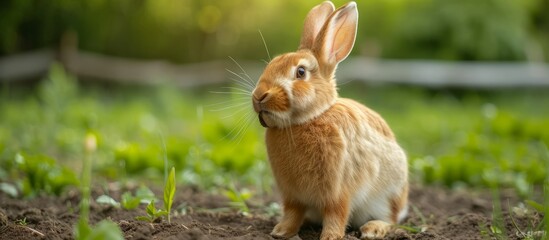 Naklejka na ściany i meble Adorable rabbit enjoying the serene beauty of a vast open field under the clear blue sky