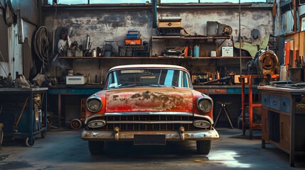 Retro vintage red automobile or car with open hood parked in a garage. Sunlight coming through the window, nobody inside the room for engine repair service indoors, mechanic workshop