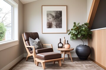 Modern Home: Brown Leather Armchair Designs, Wooden Bench, Pastel Color Palette Dream