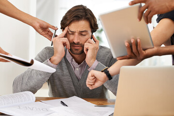 Businessman, paperwork and technology with hands, chaos and frustrated in workplace for...