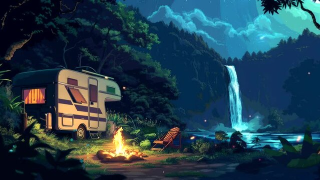 Under the Stars: Caravan Adventure with Bonfire Glow, Forest Canopy, and the Soothing Sound of a Waterfall. Animated fantasy background, watercolor painting illustration style, seamless looping 4K