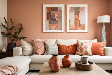 Terra Cotta Pillow Accented Modern Living Space with Pastel Color Wall