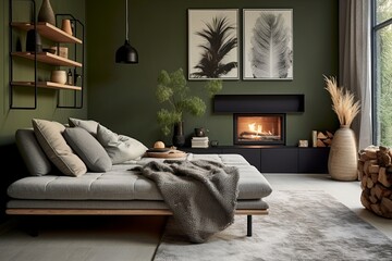 Modern Green Wall Living: Grey Daybed Fireplace Settings with Art Posters, Fabric Sofa Vibe