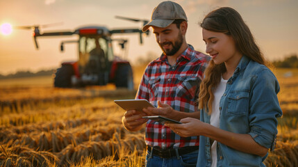 Young couple smart farmer using smart device management in the rice field. Technology innovations and machine for increasing productivity in agriculture