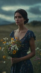 A beautiful award winning full length portrait of a dusky maiden wearing a chic floral dress, she is outdoors, holding a dainty bouquet of precisely arranged wild flowers