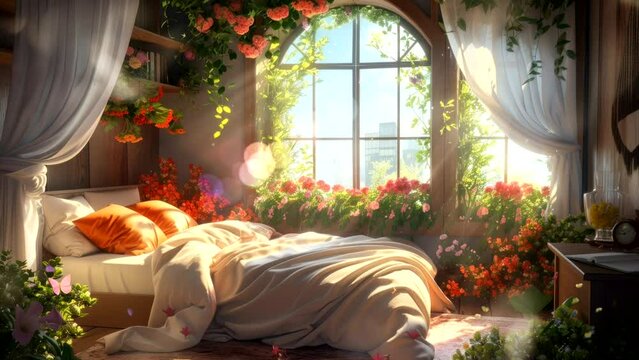 Window of Tranquility: A Cozy Bedroom Glows with Morning Light and Floral Elegance. Fantasy background, seamless looping 4K Footage Animation