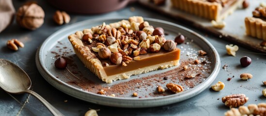 A slice of pie with nuts served on a plate with a spoon, perfect for a comforting dessert