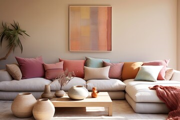 Fototapeta na wymiar Modern Villa Lounge: Terra Cotta Pillow Accents and Pastel Color Palette Paradise