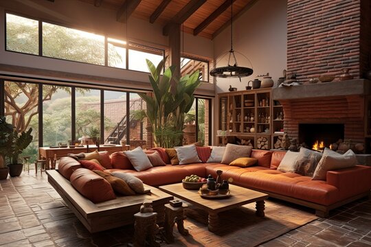 Terracotta Tiles Modern Villa Loft: Rustic Open Concept Living Room Design