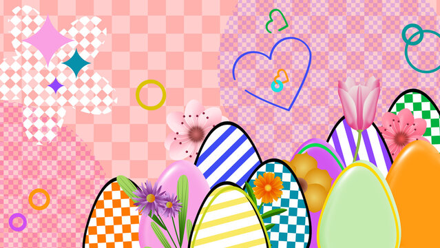pink textured easter illustration image with different shapes and eggs with copy space for easter greetings.
