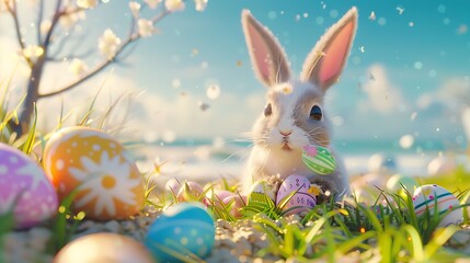 Easter bunny with easter eggs near sea.