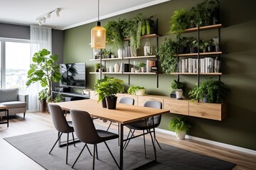 Nordic Green Wall: Scandinavian Mid-century Living Spaces in an Urban Apartment