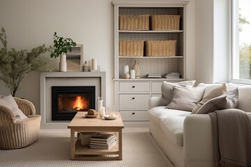 Nordic Coastal Living Room: Serene Fireplace & Cabinet Storage Interiors