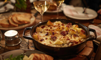 Tartiflette, French dish made form potatoes, reblochon cheese, lardons and onions.