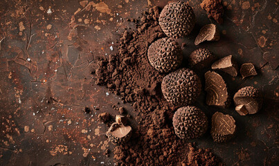 Black truffles on soils floor, flat lay. copy space - obrazy, fototapety, plakaty