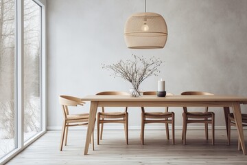 Nordic Charm: Wooden Dining Table and Pendant Light in Stylish Scandinavian Room
