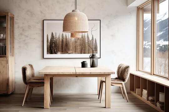 Nordic Charm: Wooden Dining Table and Pendant Light in Modern Room
