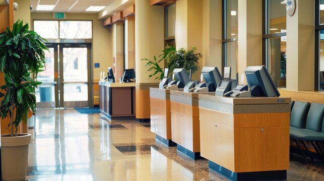 Modern Bank Branch Interior with Teller Stations and Customer Service Area featuring Business Finance and Corporate Employee Workspace Design