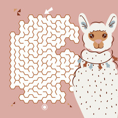 Maze labyrinth game Llama vector illustration. Square format puzzle for kids