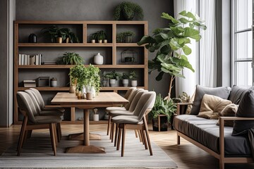 Nordic Harmony: Wooden Dining Table and Indoor Plant Oasis