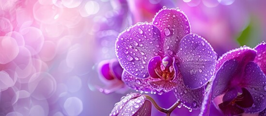A closeup image of a purple orchid with water droplets on its petals, showcasing the beauty of this...