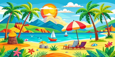 Fototapeta na wymiar summer landscape with palm trees and sun