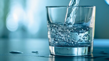 Closeup of a person pouring the pure source water into a transparent glass with drawn. Clean, fresh and healthy beverage, cold natural refreshment, half full or filled cup