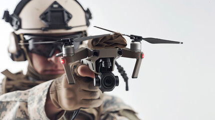 Drone pilot soldier wearing military army clothes with drone. Isolated against white background