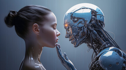 Un robot con inteligencia artificial observando a otro mas avanzado con aspecto mas humano aún desconectado. - obrazy, fototapety, plakaty
