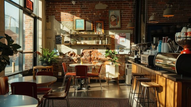 Cozy Coffee Shop Business Setting with Stylish Interior Design and Urban Cityscape View