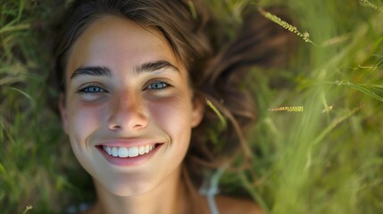 Fototapeta premium Top view of a beautiful young woman with brunette hair, lying in the grass, looking at the camera and smiling. Summer outdoor leisure time and relaxation for a pretty lady, carefree female person