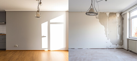 Renovated rooms with spacious windows and heating systems, both before and after the restoration process. Examination of the differences between an old apartment and a newly renovated residence.	 - obrazy, fototapety, plakaty