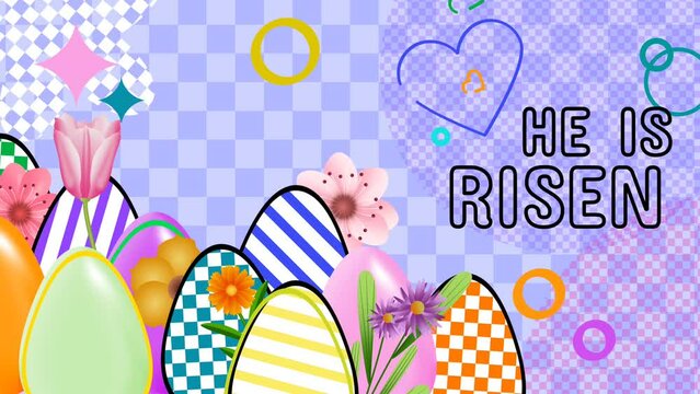 he is risen quote massage for easter holiday with decorated easter eggs and flowers.