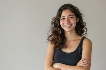 Fototapeta premium Captivating Portrait of a Young Woman Embracing Positivity with a Warm Smile and Confident Posture on a Neutral Background