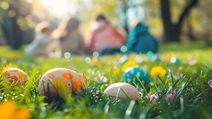 œufs de pâques au chocolat posés dans l'herbe du jardin, pendant que les enfants les recherchent à l'arrière plan - obrazy, fototapety, plakaty