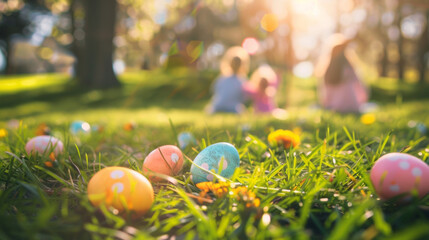 œufs de pâques au chocolat posés dans l'herbe du jardin, pendant que les enfants les recherchent à l'arrière plan - obrazy, fototapety, plakaty