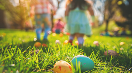 œufs de pâques au chocolat posés dans l'herbe du jardin, pendant que les enfants les recherchent à l'arrière plan