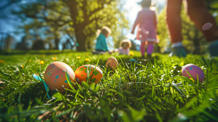 œufs de pâques au chocolat posés dans l'herbe du jardin, pendant que les enfants les recherchent à l'arrière plan